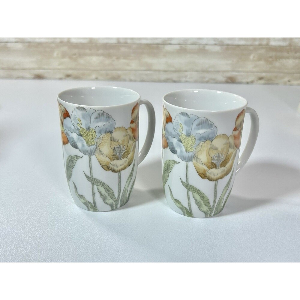 Fitz and Floyd Pastel Poppy 1978 Tea Mugs Japan Porcelain Floral